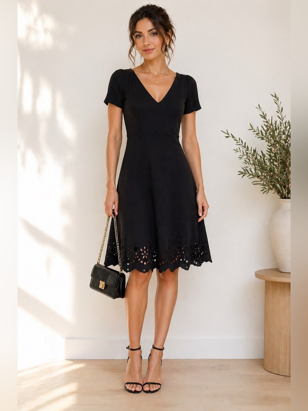 RED Valentino Black Knit Fit & Flare Dress Eyelet Floral Hem Ribbed Sleeve Large